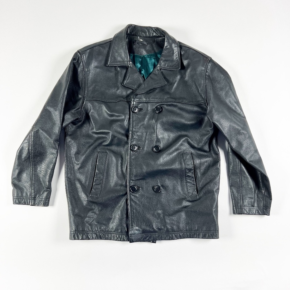 Blue Steel Genuine Leather Double Breasted Collared Jacket Coat Solid Black LG